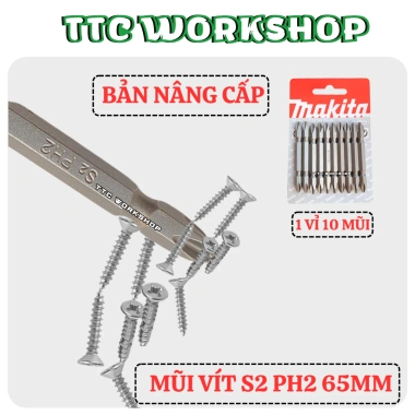 Mũi vít MKT PH2 S2 4 cạnh 2 đầu dài 65mm, từ tính cực mạnh, chân lục giác chuẩn