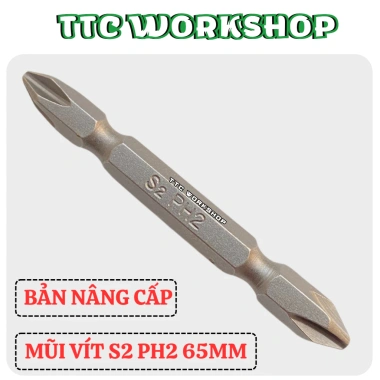 Mũi vít MKT PH2 S2 4 cạnh 2 đầu dài 65mm, từ tính cực mạnh, chân lục giác chuẩn