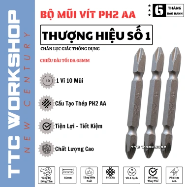 Mũi vít PH2 AA 65mm 4 cạnh siêu cứng, từ tính mạnh, chân lục giác chuẩn - 21.000₫