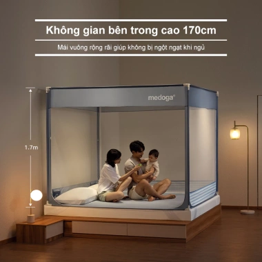 Mùng Chống Ngã Medoga Khung Vuông, Chống Muỗi, Chắn Giường, Không Khoan Tường