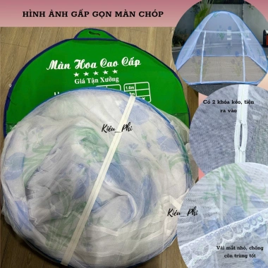 Mùng tự bung đỉnh chóp người lớn: màn hoa ngủ chống muỗi gấp gọn thông minh
