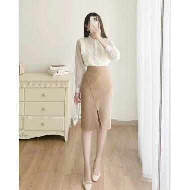 MYAN DESIGN Chân Váy Bút Chì Xẻ Trước Hàng Cúc Lượn 4 Màu – Trắng, Nâu Đậm, Nâu Đen