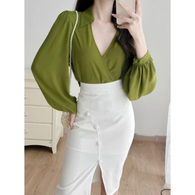 MYAN DESIGN Chân Váy Bút Chì Xẻ Trước Hàng Cúc Lượn 4 Màu – Trắng, Nâu Đậm, Nâu Đen
