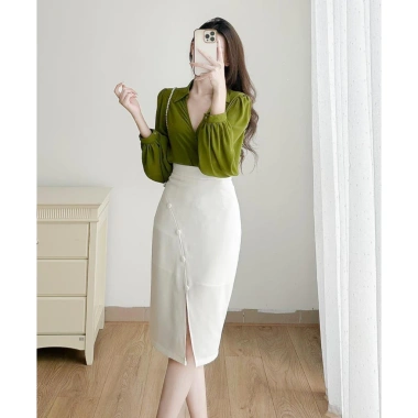 MYAN DESIGN Chân Váy Bút Chì Xẻ Trước Hàng Cúc Lượn 4 Màu – Trắng, Nâu Đậm, Nâu Đen
