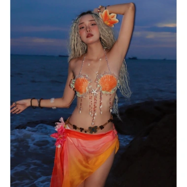Nàng Cam San Hô – Bikini vỏ sò cam, tặng dây chuyền, 2 kẹp hoa, chip – 1,300,000₫