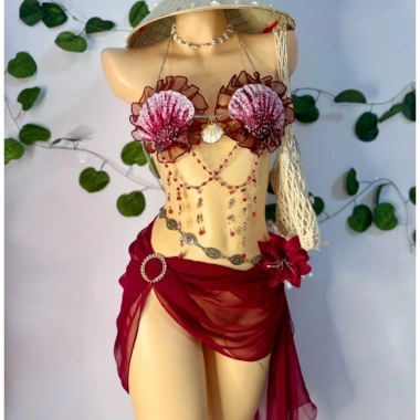 Nàng Tiên Ngọc Đỏ - Bikini Đỏ Rượu, Tặng Dây Chuyền Vỏ Sò, 2 Kẹp Hoa, Giá 1.2 Triệu 6