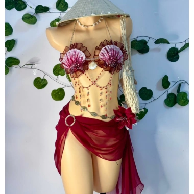 Nàng Tiên Ngọc Đỏ - Bikini Đỏ Rượu, Tặng Dây Chuyền Vỏ Sò, 2 Kẹp Hoa, Giá 1.2 Triệu 7