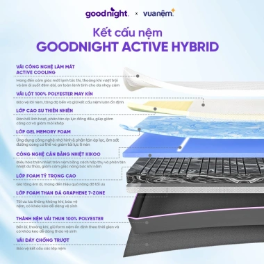 Nệm Foam Goodnight Active Hybrid 20cm mát tới 12h, than đá, giảm giá 9,059,000đ