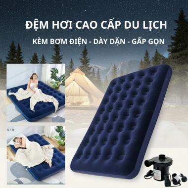 Nệm Hơi Gấp Gọn Đa Năng Bơm, Mặt Nhung Êm Ái - Đệm Du Lịch Cắm Trại Chính Hãng