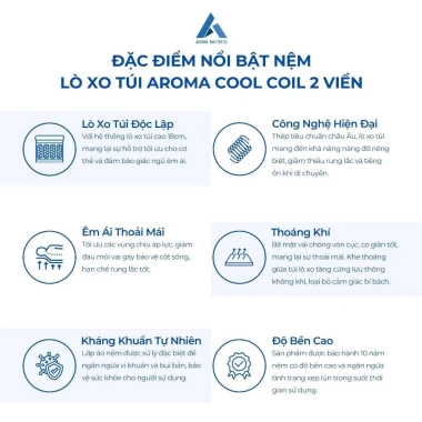 Nệm Lò Xo Aroma Cool Coil 2 Viền – Êm Đàn Hồi, Thoáng Khí, Hỗ Trợ Cơ Thể, Bảo Hành 10 Năm – Giá 4,680,000₫ 7 Nệm Lò Xo Aroma Cool Coil 2 Viền – Êm Đàn Hồi, Thoáng Khí, Hỗ Trợ Cơ Thể, Bảo Hành 10 Năm – Giá 4,680,000₫ 7