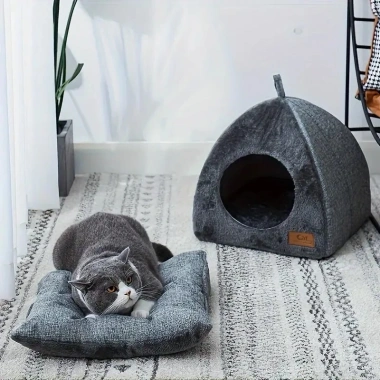 Nệm mèo giữ ấm hình tam giác Cat Cave, vải nhung mềm, chống trượt, phù hợp mùa đông 3
