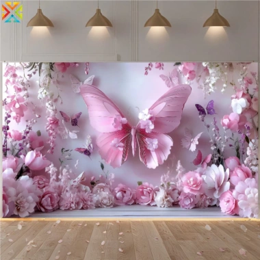 Nền chụp ảnh polyester công chúa hồng phông nền hoa bướm châu Âu treo tường sinh nhật cô gái giá ưu đãi 102.131 VND