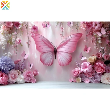 Nền chụp ảnh polyester công chúa hồng phông nền hoa bướm châu Âu treo tường sinh nhật cô gái giá ưu đãi 102.131 VND