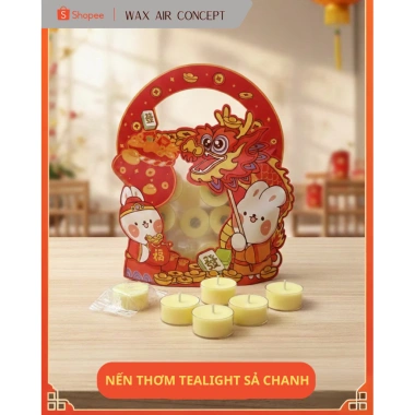 Nến thơm Tealight Sả Chanh WAX AIR CONCEPT 12 viên - Khử mùi, đuổi muỗi, trang trí Tết Rồng Thỏ siêu xinh
