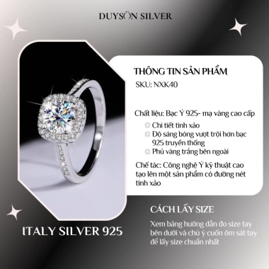 Nhẫn bạc Ý 925 mạ vàng trắng nữ ổ vuông đính CZ 5A - Giá 780.000 đồng Duyson