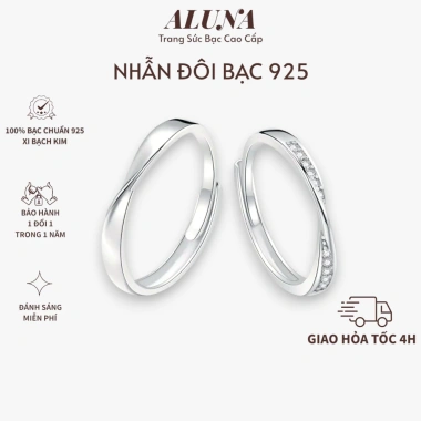 Nhẫn Đôi Bạc 925 Quà Tặng 8/3 - Cặp Tình Nhân Tối Giản Nam Trơn Nữ Đính Đá 549k