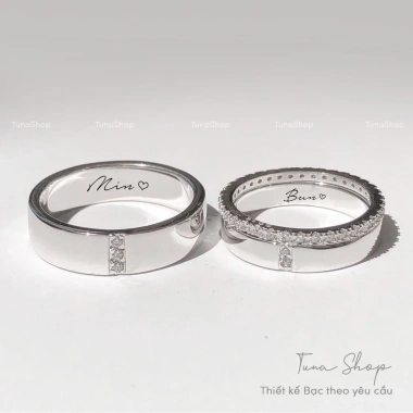 Nhẫn đôi bạc TUNA SILVER tùy chỉnh, khắc chữ và tên, gắn đá - Giá 650.000₫