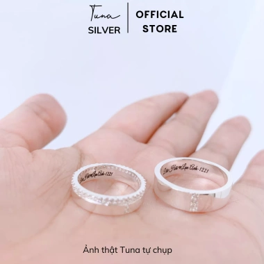 Nhẫn đôi bạc TUNA SILVER tùy chỉnh, khắc chữ và tên, gắn đá - Giá 650.000₫