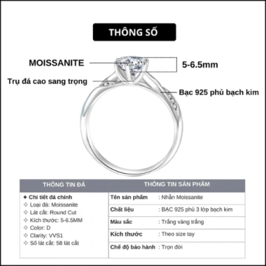 Nhẫn kim cương Moissanite 6 ly cao cấp viền xoắn GRA - Bạc S925 Celestial Twirl NMSJ1