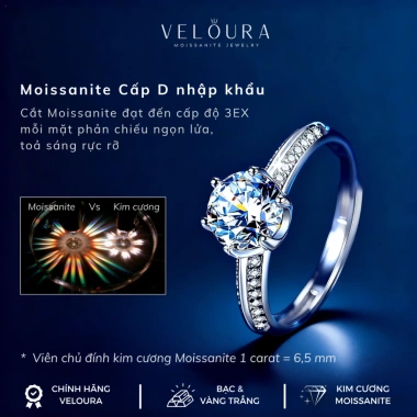 Nhẫn Nữ 1 Carat Moissanite Cương VELOURA - Vương Miện Sáu Chấu Cao Cấp