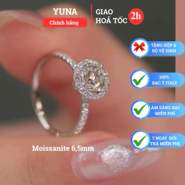 Nhẫn Nữ Bạc Ý đá Moissanite 6.5mm Freesize kiểu Halo Linh Lan tặng hộp 562.000₫