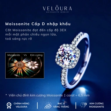 Nhẫn Nữ Moissanite 1 Carat Dáng Vuông Cao Cấp - Chính Hãng VELOURA GRA VJN005