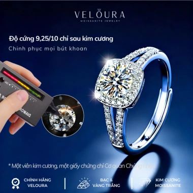 Nhẫn Nữ Moissanite 1 Carat Dáng Vuông - Sáng Như Kim Cương, Chính Hãng VELOURA, Giá 1.219.000 VND