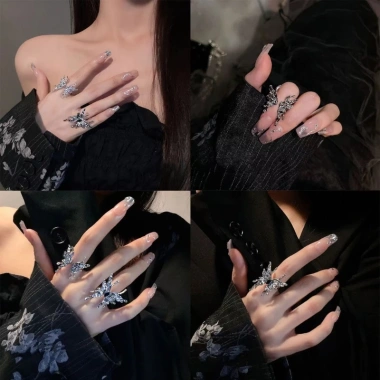 Nhẫn POOP Bướm Đều Hình Điều Chỉnh Mở - Bạc Gothic Côn Trùng Xu Hướng Nam Nữ