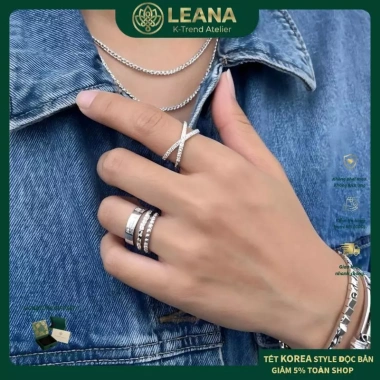 Nhẫn X LEANA Gold dát khối sáng bóng, đá zirconia, thiết kế đeo chéo phong cách nữ