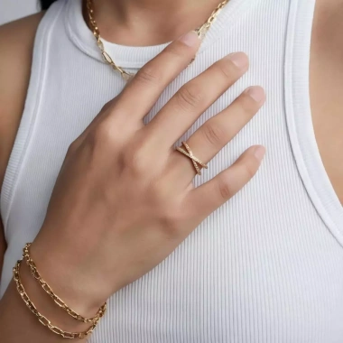 Nhẫn X LEANA Gold dát khối sáng bóng, đá zirconia, thiết kế đeo chéo phong cách nữ