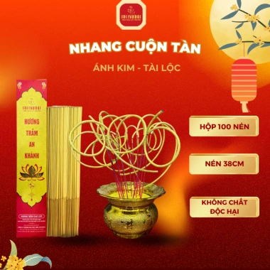 Nhang Vàng Ánh Kim Cuộn Tàn 6 Tài Lộc nén 38cm, Thảo mộc, ít khói, 53.500, tặng 1