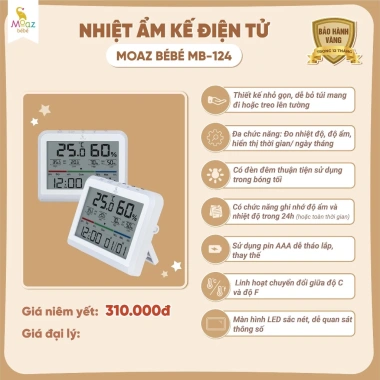 Nhiệt ẩm kế Moaz bébé MB124 đo nhiệt độ, độ ẩm, LCD, đèn ngủ, bảo hành 1 đổi 1 - 250.000₫