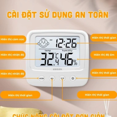 Nhiệt kế điện tử EMOON 4 trong 1: đo nhiệt độ, độ ẩm, báo thời gian, cảnh báo cảm xúc, đèn LED - giảm giá 125.000₫