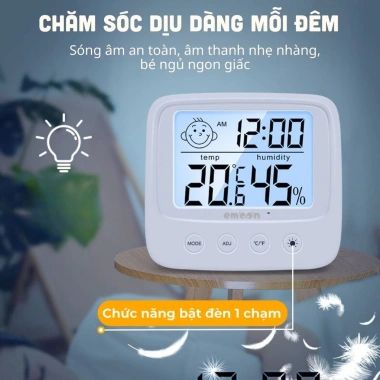 Nhiệt kế điện tử EMOON 4 trong 1: đo nhiệt độ, độ ẩm, báo thời gian, cảnh báo cảm xúc, đèn LED - giảm giá 125.000₫