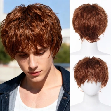 NLINNI Tóc Giả Lớp Xoăn Ngắn Nâu Nam - Thực Tự Nhiên, Lông Tơ, Cosplay Halloween, 280.800₫ 4