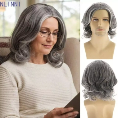 NLINNI Tóc Giả Xám Bob Xoăn Ngắn Sóng Thực Tế Nhiệt Độ Cao Thoáng Khí Cosplay