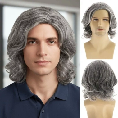 NLINNI Tóc Giả Xám Bob Xoăn Ngắn Sóng Thực Tế Nhiệt Độ Cao Thoáng Khí Cosplay