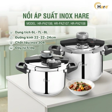 Nồi Áp Suất Inox Hare HR-PA2.106 6L Đáy 5 Lớp Van An Toàn 3 Cấp Nấu Nhanh Giá 1,2 Triệu