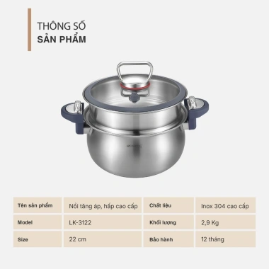 Nồi áp suất Lock&King LK-3.126 6.3L inox 316 kèm xửng hấp đáy - dùng mọi bếp, giá 1.169.000₫ 6