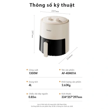 Nồi chiên không dầu 4L Gaabor AF40M-WH01A 1.400W Chống dính, khí nóng đối lưu, núm xoay dễ dùng, giảm giá 900k