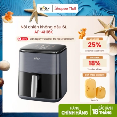 Nồi Chiên Không Dầu 6L Bear 1.600W - 2 Tốc Độ Gió Mềm Giòn, BH 18 Th, 1.690.000₫