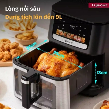 Nồi chiên không dầu 9L FUJIHOME 2.100W, nhiệt kép, mặt kính điện tử 3D, 8 chế độ, giảm giá