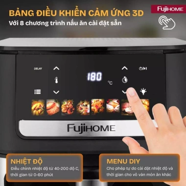 Nồi chiên không dầu 9L FUJIHOME 2.100W, nhiệt kép, mặt kính điện tử 3D, 8 chế độ, giảm giá