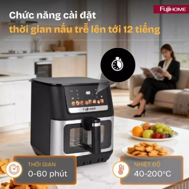 Nồi chiên không dầu 9L FUJIHOME 2.100W, nhiệt kép, mặt kính điện tử 3D, 8 chế độ, giảm giá