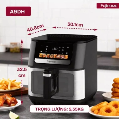 Nồi chiên không dầu 9L FUJIHOME 2.100W, nhiệt kép, mặt kính điện tử 3D, 8 chế độ, giảm giá