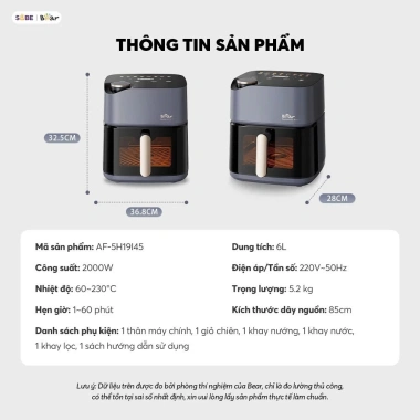 Nồi chiên không dầu BEAR 6L AF-5H19I45 - chiên hơi và hấp, 1,190,001₫ giảm 350k