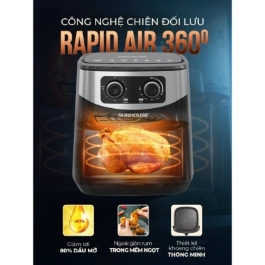 Nồi chiên không dầu Sunhouse 10.5L Rapid Air 360, bảo hành 12 tháng, 1.699.000đ