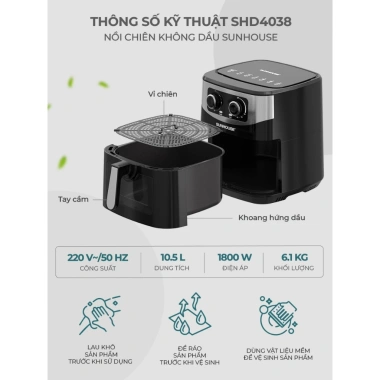 Nồi chiên không dầu Sunhouse 10.5L Rapid Air 360, bảo hành 12 tháng, 1.699.000đ