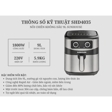 Nồi chiên không dầu SUNHOUSE 6.5L SHD4.030 Rapid Air giảm 80% dầu mỡ, khoang trong suốt - Giá 1.058.999đ