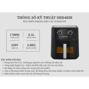 Nồi chiên không dầu SUNHOUSE 6.5L SHD4.030 Rapid Air giảm 80% dầu mỡ, khoang trong suốt - Giá 1.058.999đ